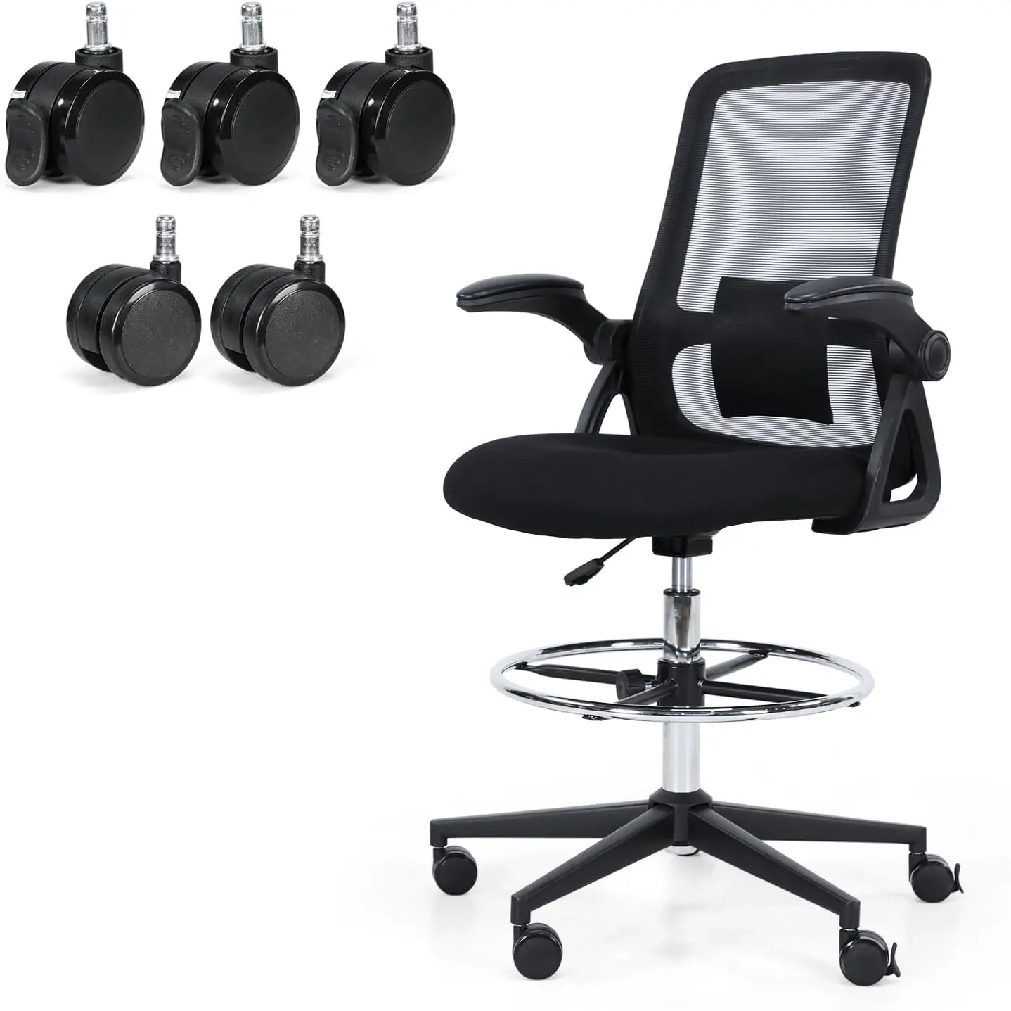 Ergonomic Drafting Chair,Tall Office Chair with Mesh Back | Locking casters, adjustable foot ring, flip-up arms, adjustable lumb