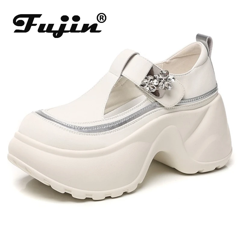 

Fujin 9 см дышащие сандалии из искусственной кожи из микрофибры на плоской подошве, тапочки без шнуровки на платформе, на танкетке, брендовая обувь с круглым носком, женские крючки