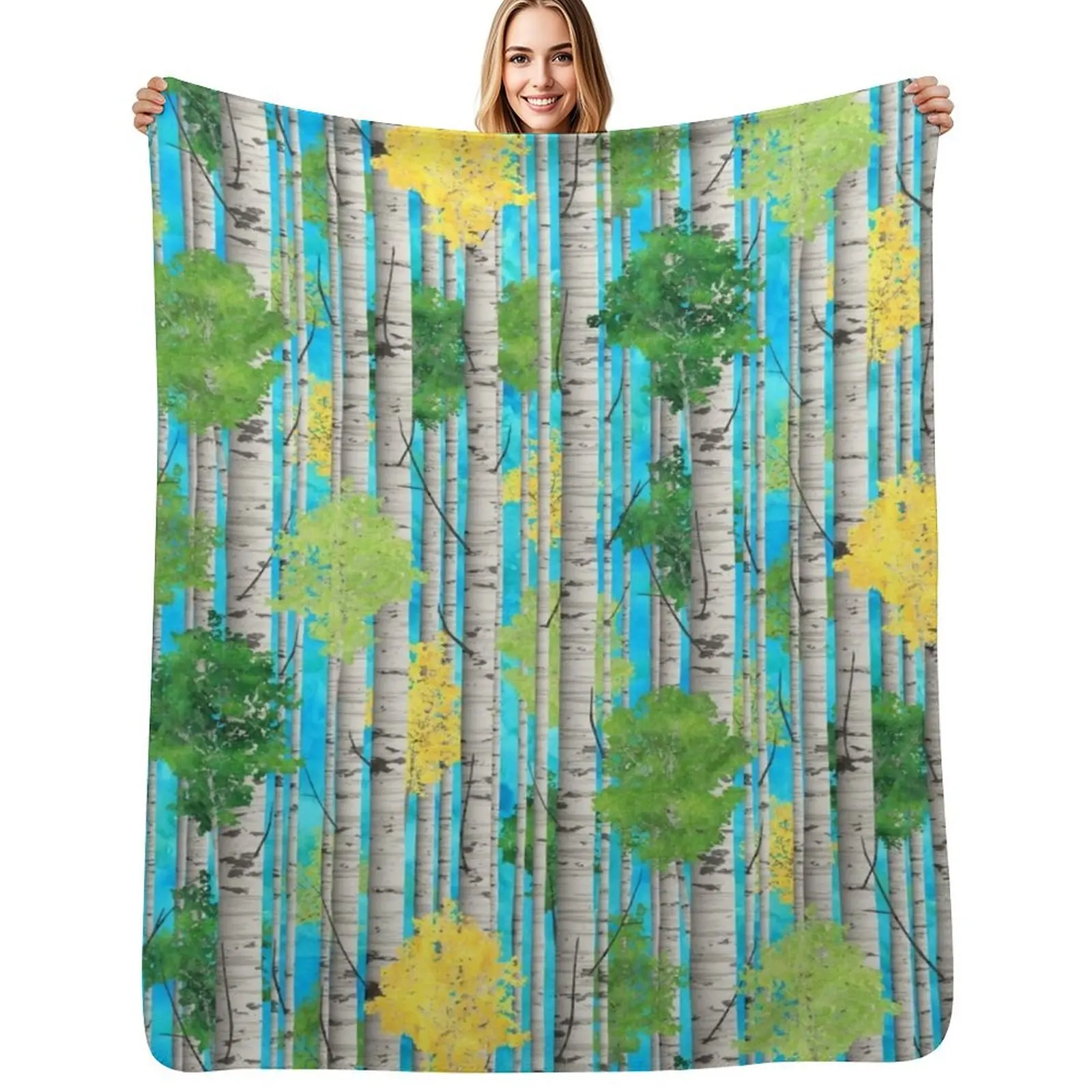 Watercolor Birch Trees Pattern Throw Blanket Durable Warm Blanket for Daily Home Use