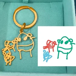 Custom Stainless Steel Children Drawing Pendant Keychain Kids Artwork Personalized Photo Logo Keyring Key Chains Jewelry Gifts