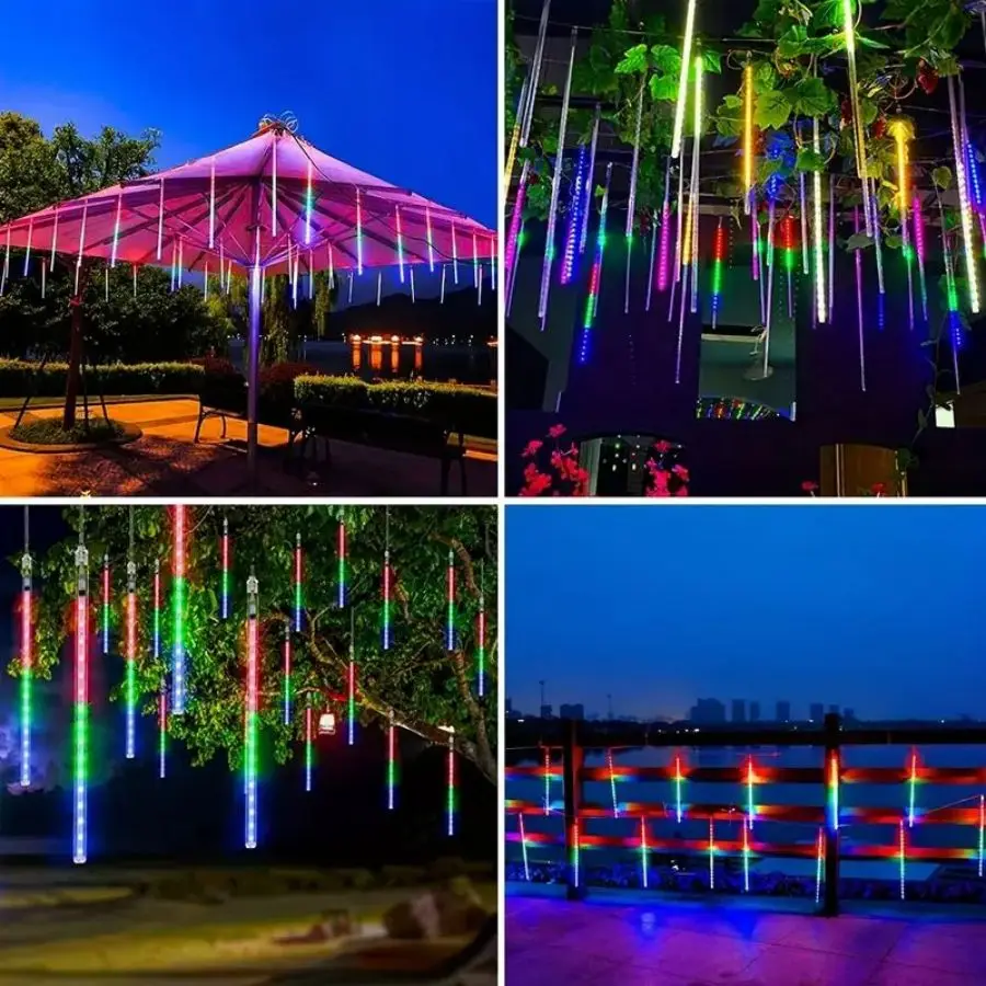1pc Solar 30cm Meteor Rain String Lights Meteor Shower 8 Tubes 192LEDs,Waterproof Falling Raindrop Fairy Lights