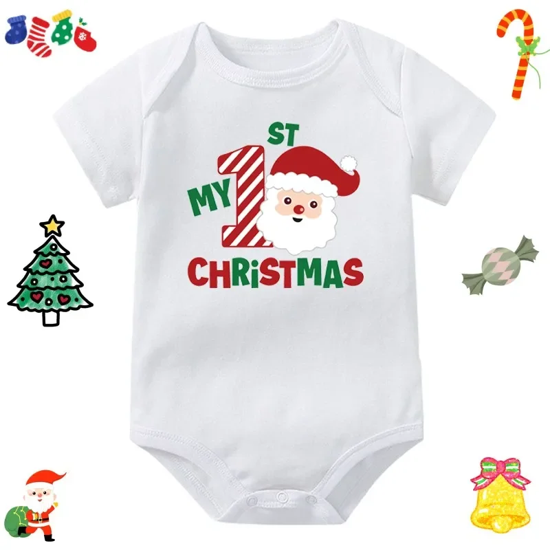 My First Christmas Newborn Baby Short Sleeve Romper Cartoon Deer Santa Printed Outfit Infant Baptism Bodysuit Clothes Xmas Gift