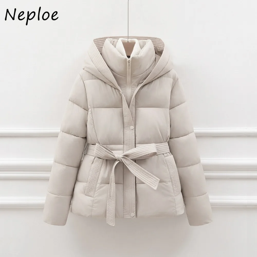 Neploe 신상 Moda 따뜻한 두꺼운 스몰 펠로우 여성 의류, 슬림 웨이스트 레이스업, 단색 우아한 코트, 캐주얼 빈티지 하라주쿠 다운 코트