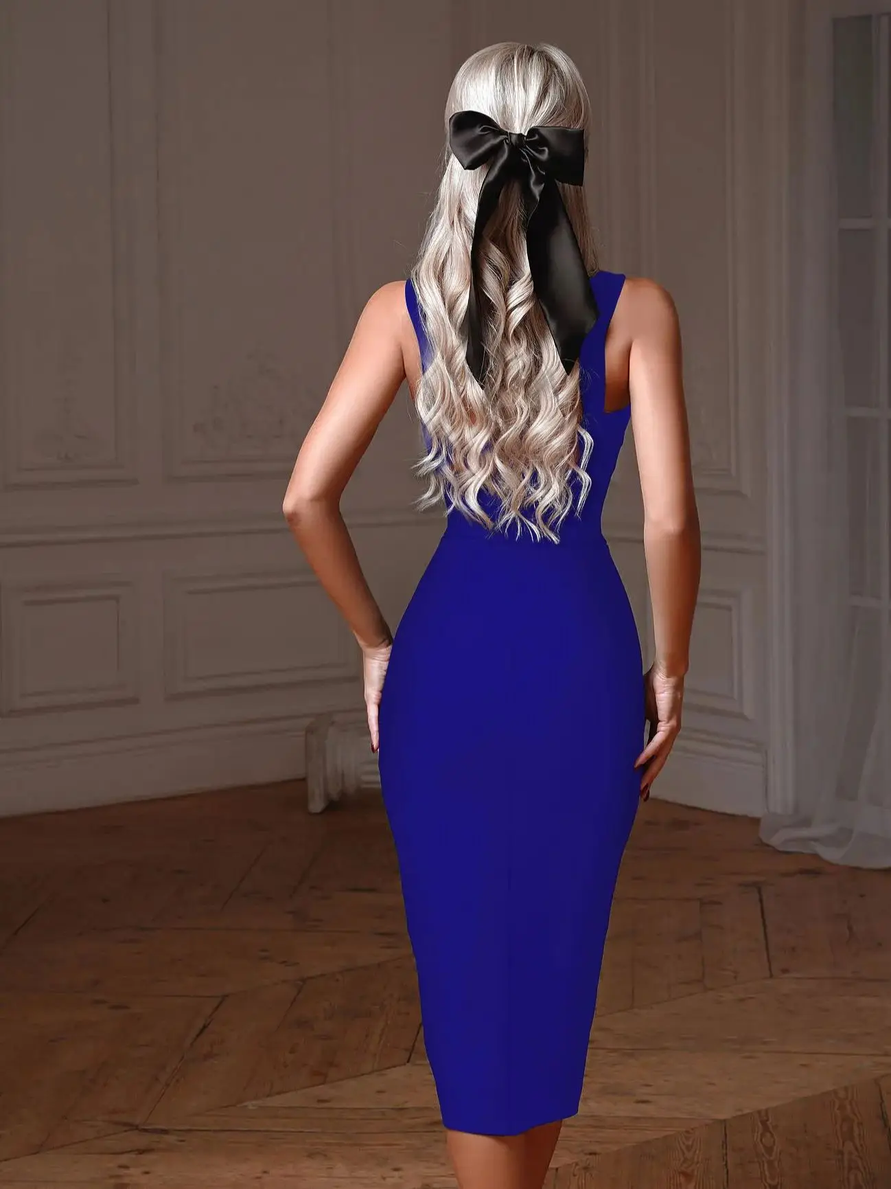 Robe mi-longue moulante fantaisie pour femmes, bretelles Spaghetti, col en V, robe d'été à bandes, bleue, élégante, robe de soirée de mariage, de Cocktail
