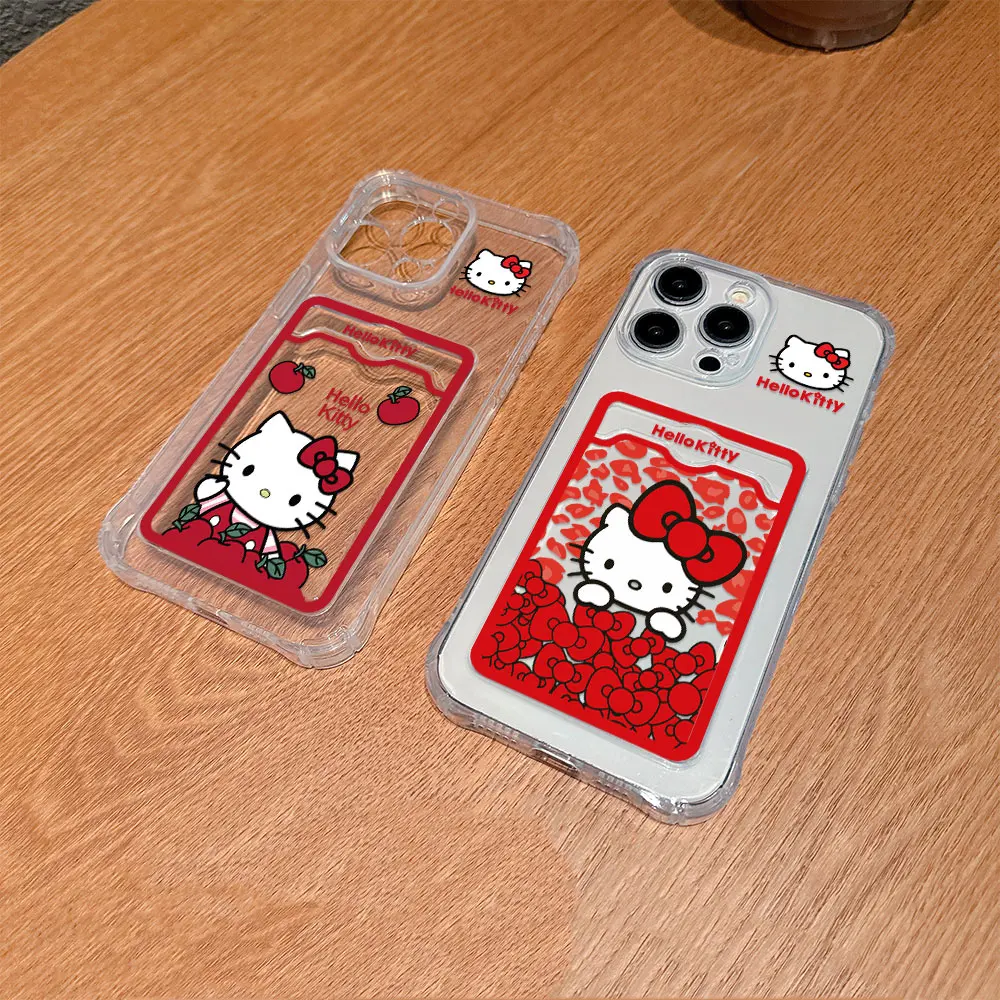 Cartoon Hello Kitty Hot New Red Card Hold Case For iPhone 15 14 13 12 11 Mini Pro Max X XR XSMax 7 8 Plus Anti-fall Clear Cover