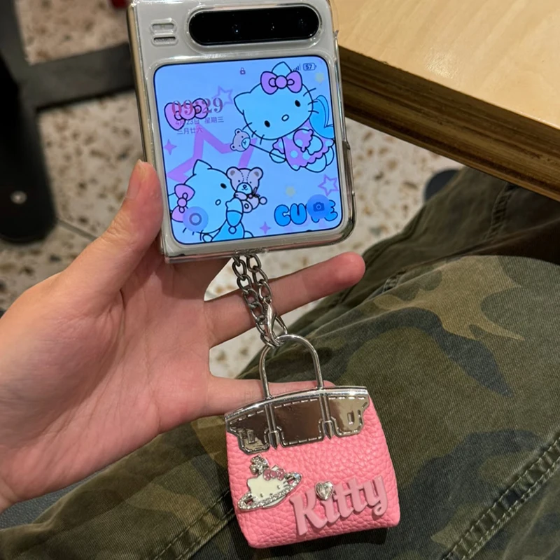 Kawaii Mini HelloKitty المفاتيح سلسلة معدنية الديكور حقيبة صغيرة قلادة فتاة القلب حلقة رئيسية Diy بها بنفسك اكسسوارات لفتاة النساء هدية