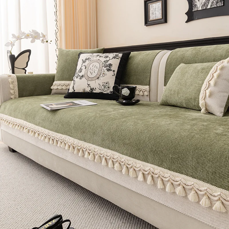 Chenier Sofa Cushion with Tassel Lace Nordic Diagonal Contrasting Anti Slip Sofa Cover Anti Cat Scratch Dust Cover for Home