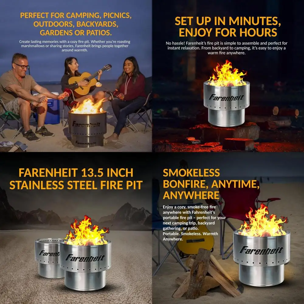 

Портативная уличная печь-кострище из нержавеющей стали 13,5 дюймов - бездымная, для сжигания дров, для двора, кемпинга, патио и террасы