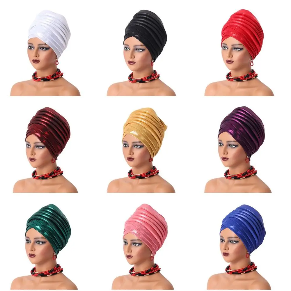 African Women's Auto Gele Headtie Nigeria Lady Pleated Head Wraps Headscarf Bonnet Turbante Mujer