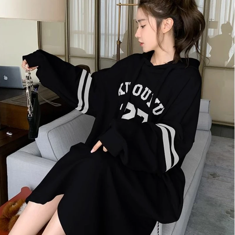 Hooded Midi Dresses Women Letter Casual Straight Loose Personality Japanese Style Y2k Simple Girls Fashion All-match Streetwear