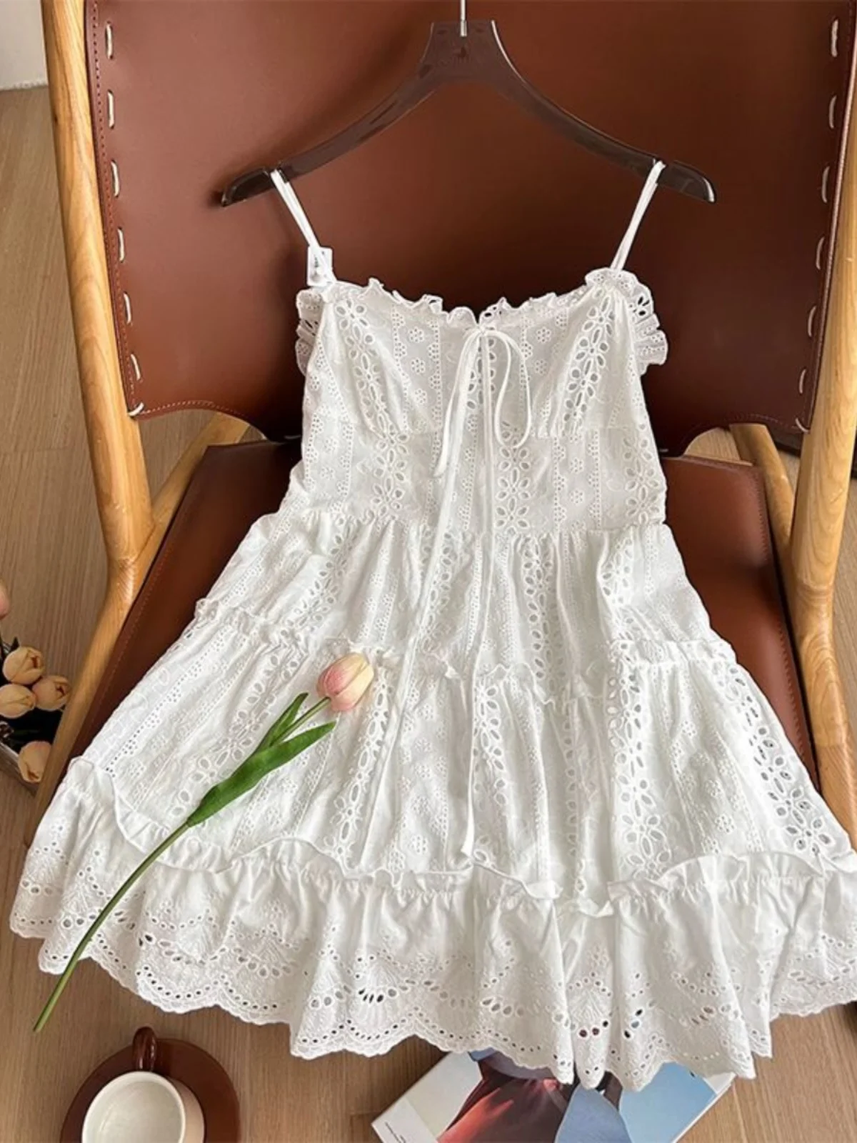 Koreanische Sle A-Linie Dr Spitzenbesatz Csole Mehrschichtige weiße Blumenstickerei Abnehmen Vielseitig Frühling Sommer Herbst Dr