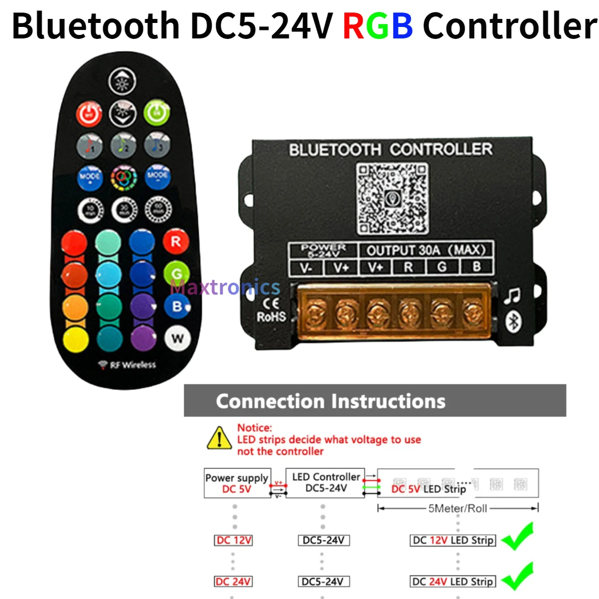 NEW Bluetooth DC5-24V RGB LED Strip Light Controller 30A 4-wire 3-channel Constant Voltage Lamp RF 29-Key Wireless Remote Dimmer