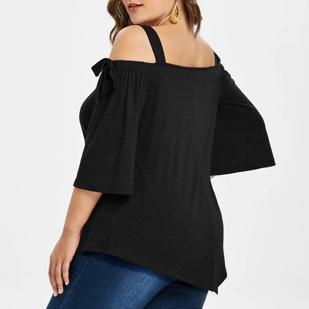 Fashion Women Casual Plus Size Asymmetric Cold Shoulder Top T-Shirt Bow Blouse New Fashion Simple Versatile Women\'S Clothing