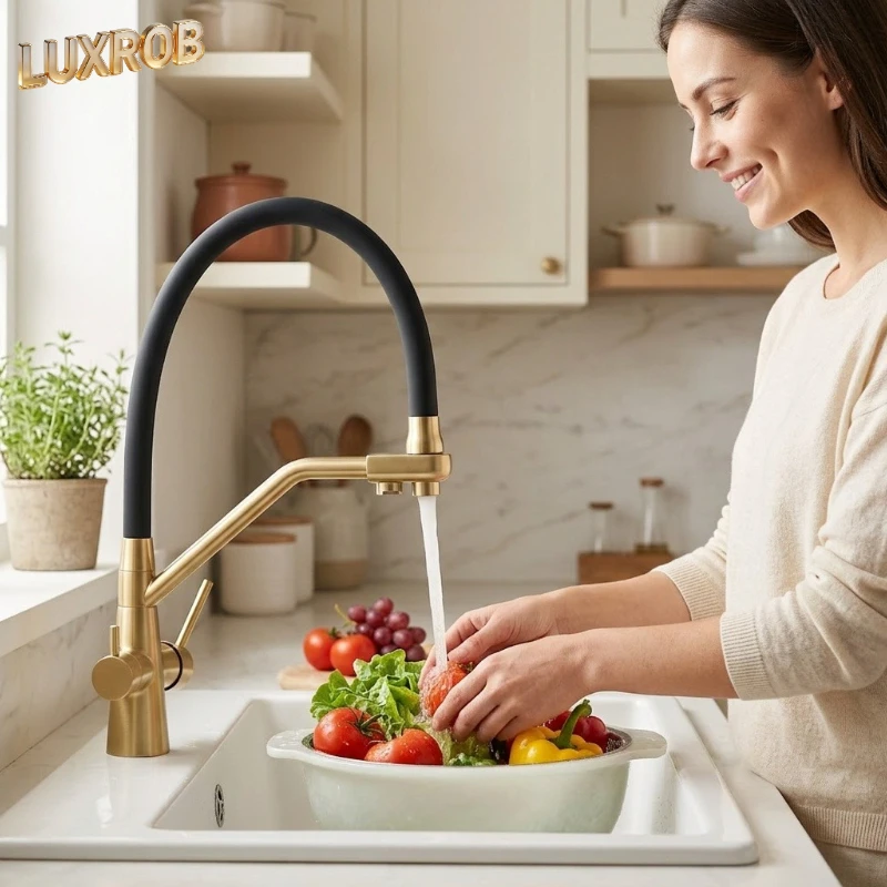 

Новый хит продаж 2026: Кухонный смеситель для раковины с фильтрацией холодной и горячей воды, поворотный на 360° ° Поворотный смеситель-кран