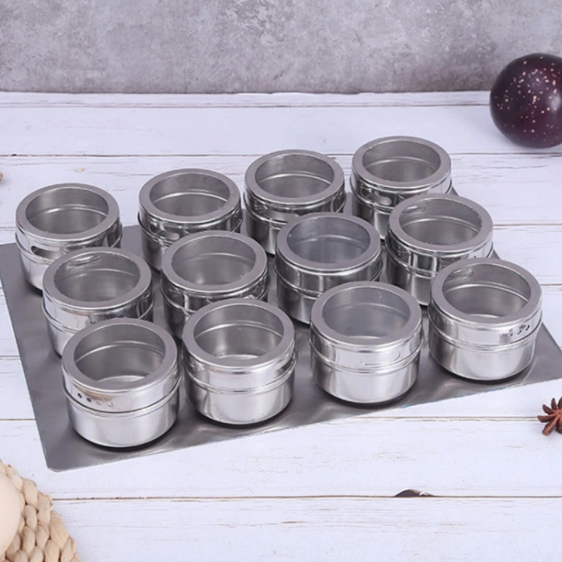 New Magnetic Spice Jar Set Stainless Steel Spice Tins Spice Storage Container Pepper Seasoning Sprays Tools with Spice Label