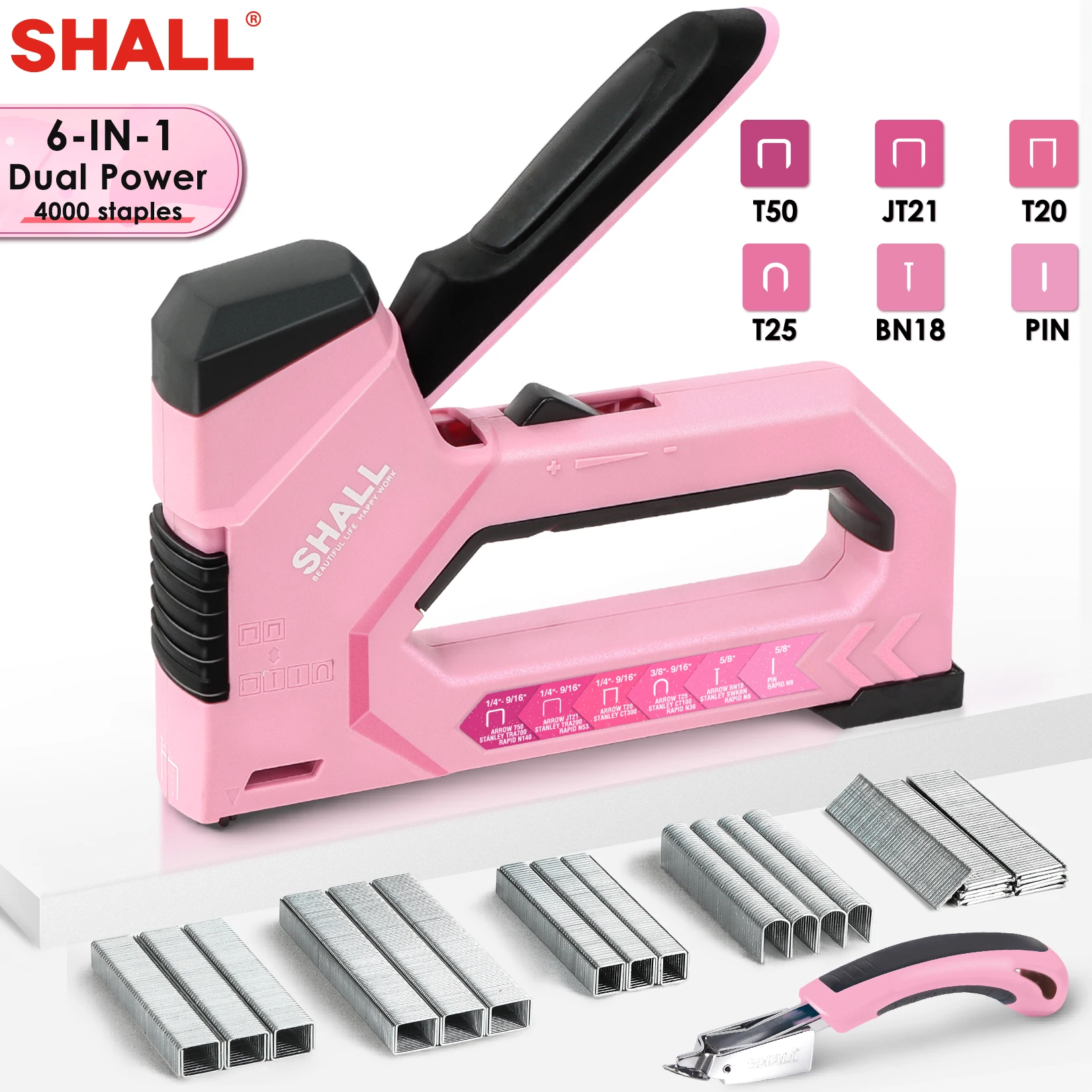 SHALL Pink/Blue Nail Gun 6-in-1 Upholstery Stapler with 4000Pcs Staples& Stapler Remover Dual Power Staple Gun Home DIY Tools