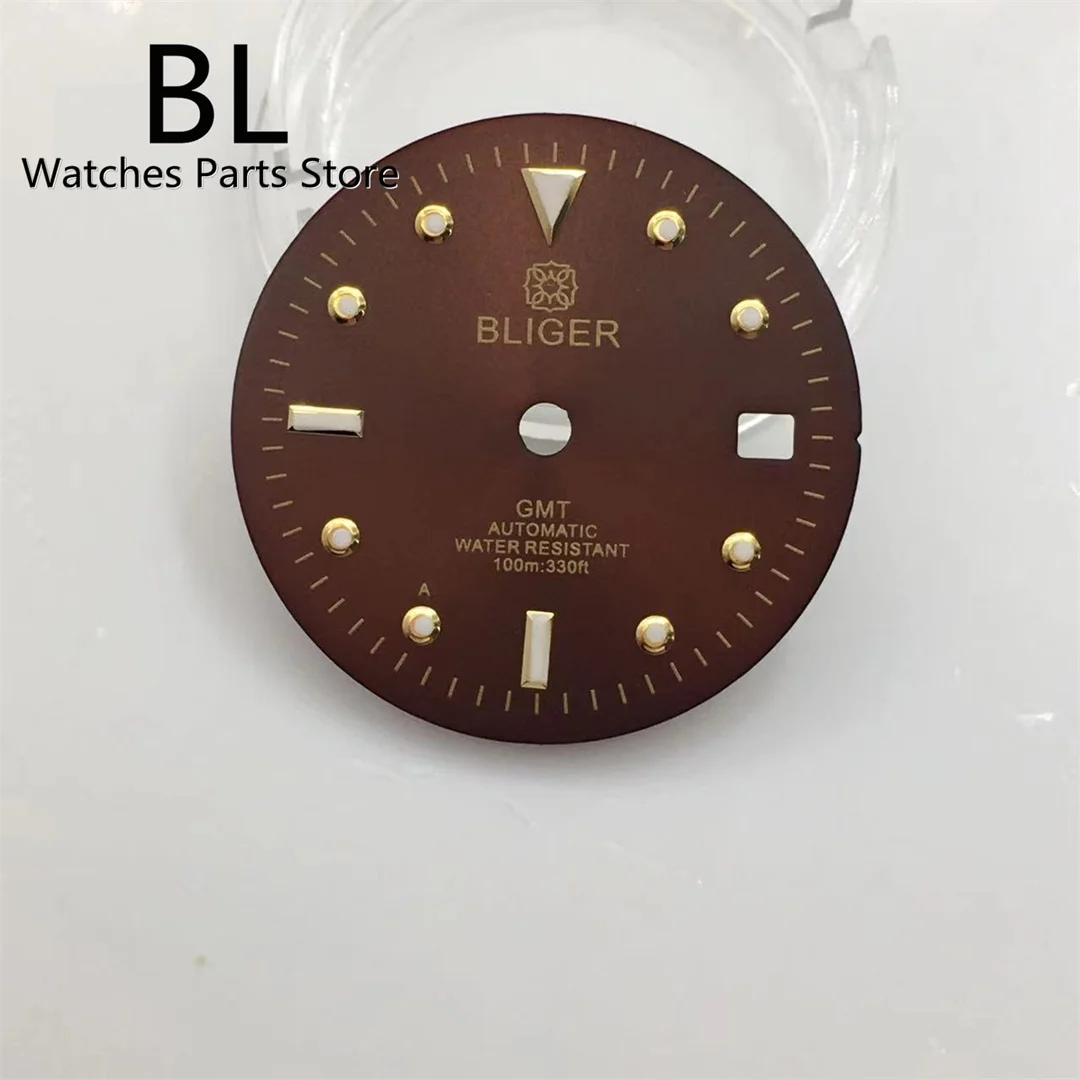 BLIGER 28.5mm Sterile  Brown Watch Dial Green Luminous Fit NH34 NH35 ETA Miyota PT5000 Movement Date Function At 3 O\'clock