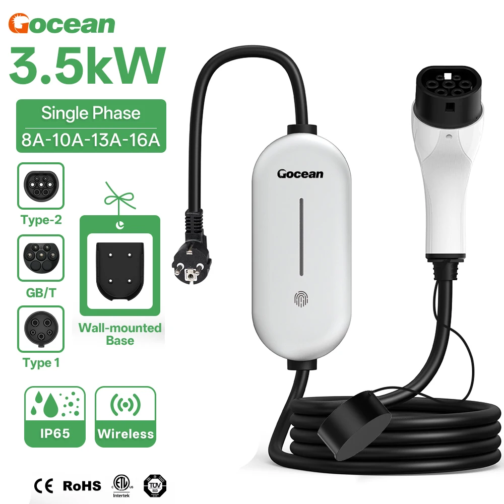 

Gocean 3.5KW Portable EV Charger 5M Cable Type2 Adjustable Current 16A 1Phase Type1 GB/T Electric Car Charging With APP Control