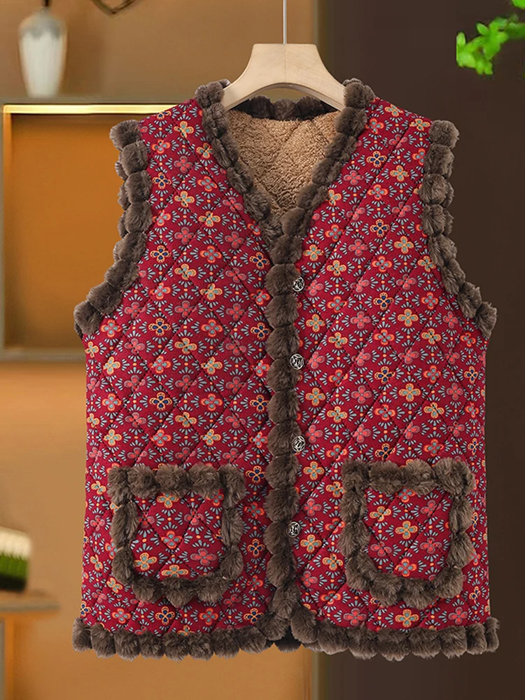 

Утепленный жилет с цветочным принтом на флисовой подкладке для женщин среднего и старшего возраста, осенне-зимняя верхняя одежда, майка для бабушек