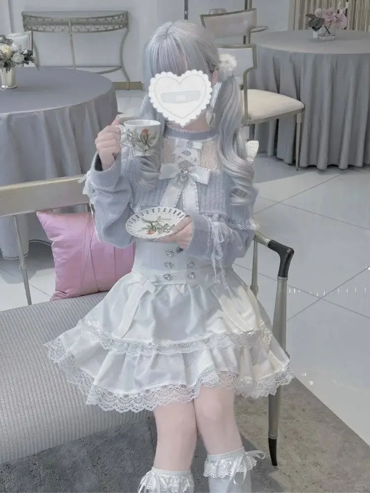 الشتاء اليابانية الحلو متماسكة 2 قطعة مجموعة المرأة القوس تصميم سترة + الدانتيل تنورة الرجعية الإناث شيك Kawaii موضة الجنية الملابس 2025 #1