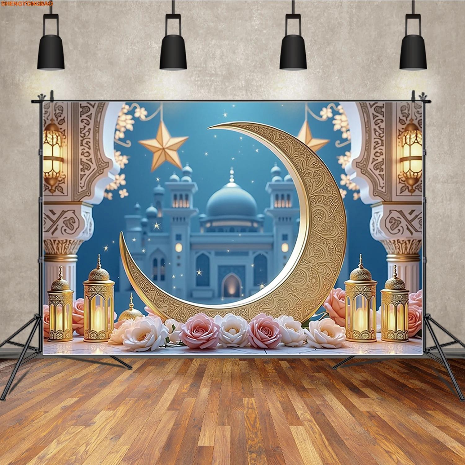 

Ramadan Mubarak Mosque Photography Backdrop Star Gold Moon Rose Festival Background Banner Studio Photo Celebration