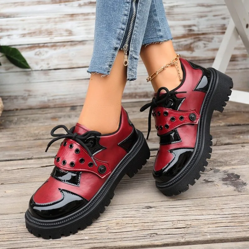 Platform Oxford Shoes Women Comfortable Plus Size 43 Lace Up Pu Leather Shoes Woman Red Thick Sole Loafers - view 3