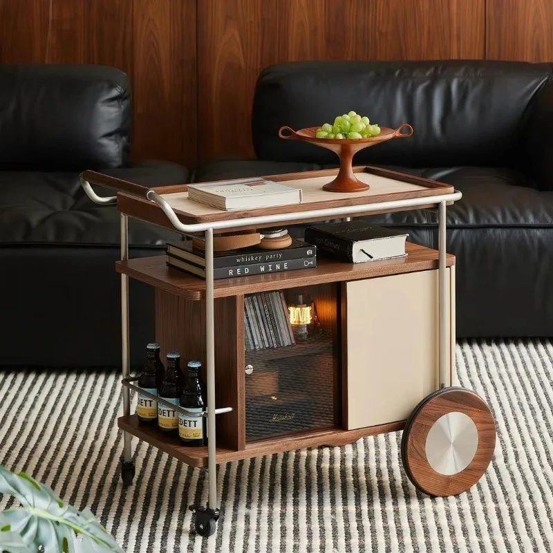 Cart light luxury living room movable wheeled sofa side table, French multi-functional rock slab coffee table