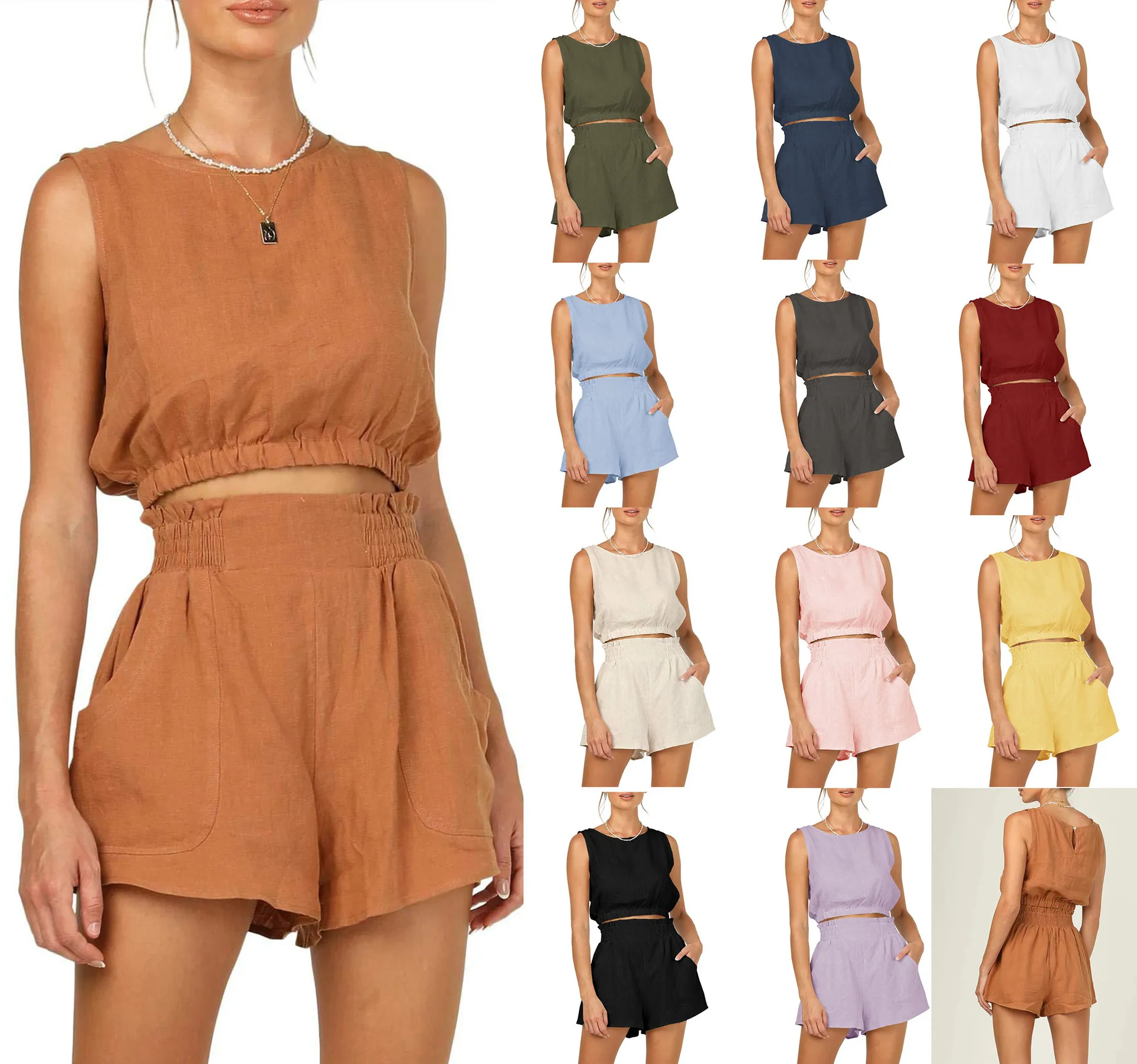 Two Pieces Set Women's Short Sets Solid Sleeveless 2 Pieces Sets Women Outfit Casual Fashion Pants Set High Waist Straight Suit