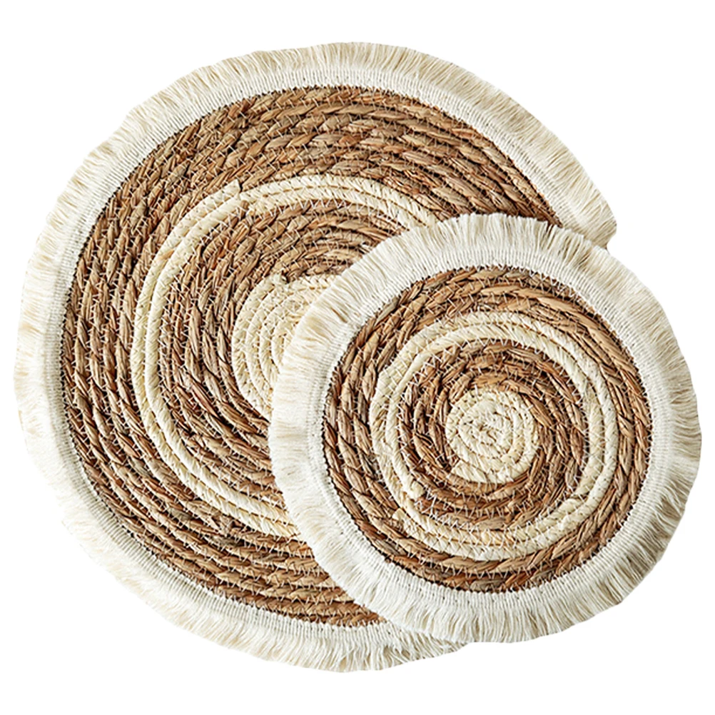 

2pcs 38CM 25CM Woven Placemats Coasters Round Tassel Insulated Bowl Mat Cattail Grass Table Setting Absorbent