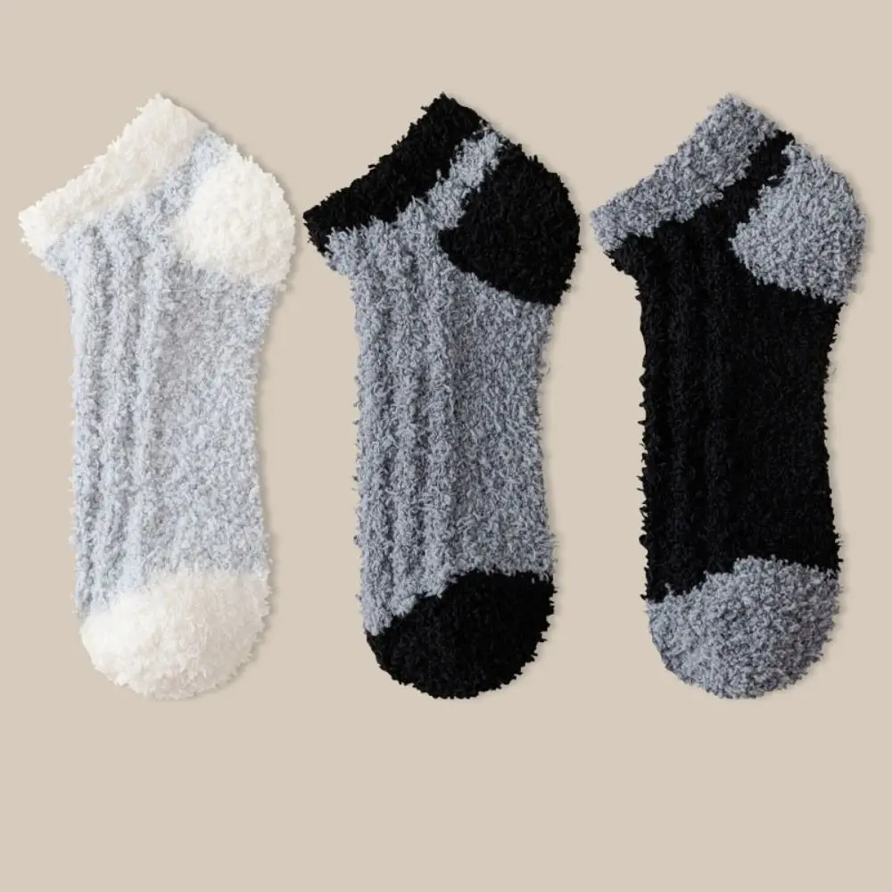 3 أزواج سميكة المرجان جوارب صوف المرقعة الشتاء الطابق أفخم الجوارب النوم بسيطة الدافئة قارب الجوارب النساء للإناث الرجال