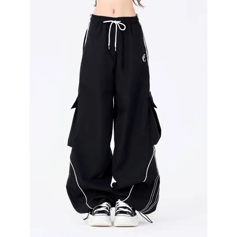 

Deeptown Y2K Black Striped Women Cargo Pants Korean Fashion Wide Leg Baggy Trousers Streetwear Autunm Harajuku Hip Hop Oversized