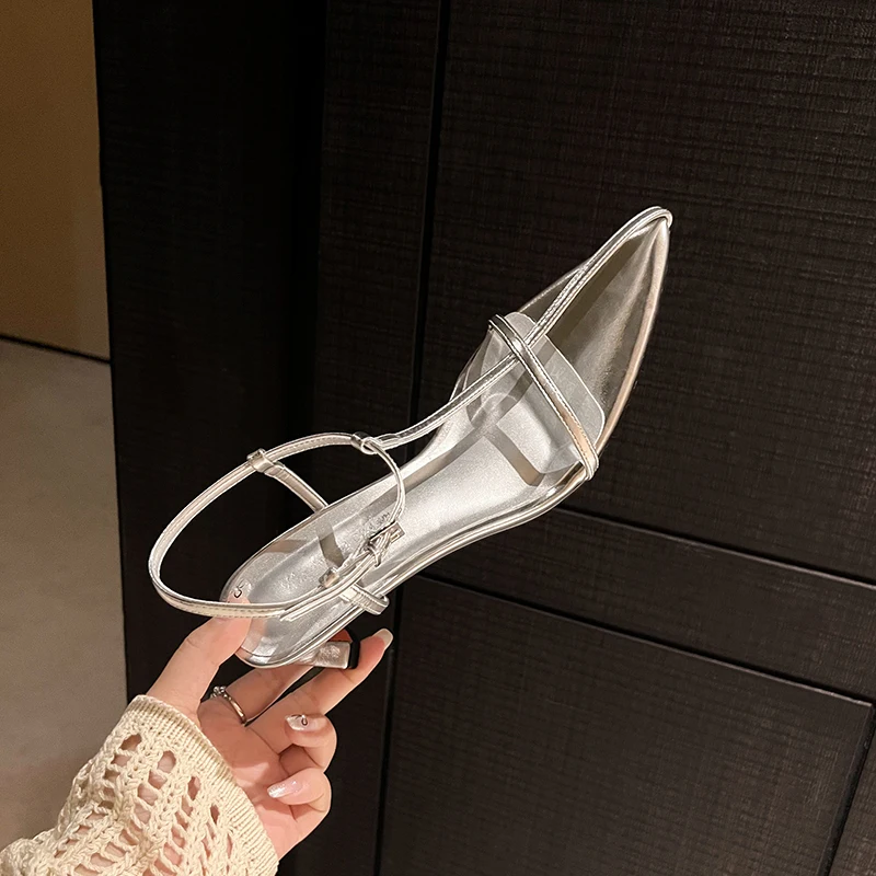 

Women Sandals Summer Shoes Narrow Band Sexy Sandals Med Heels Pointed Toe Ladies Concise Footwear Summer Gold Silver Shoes