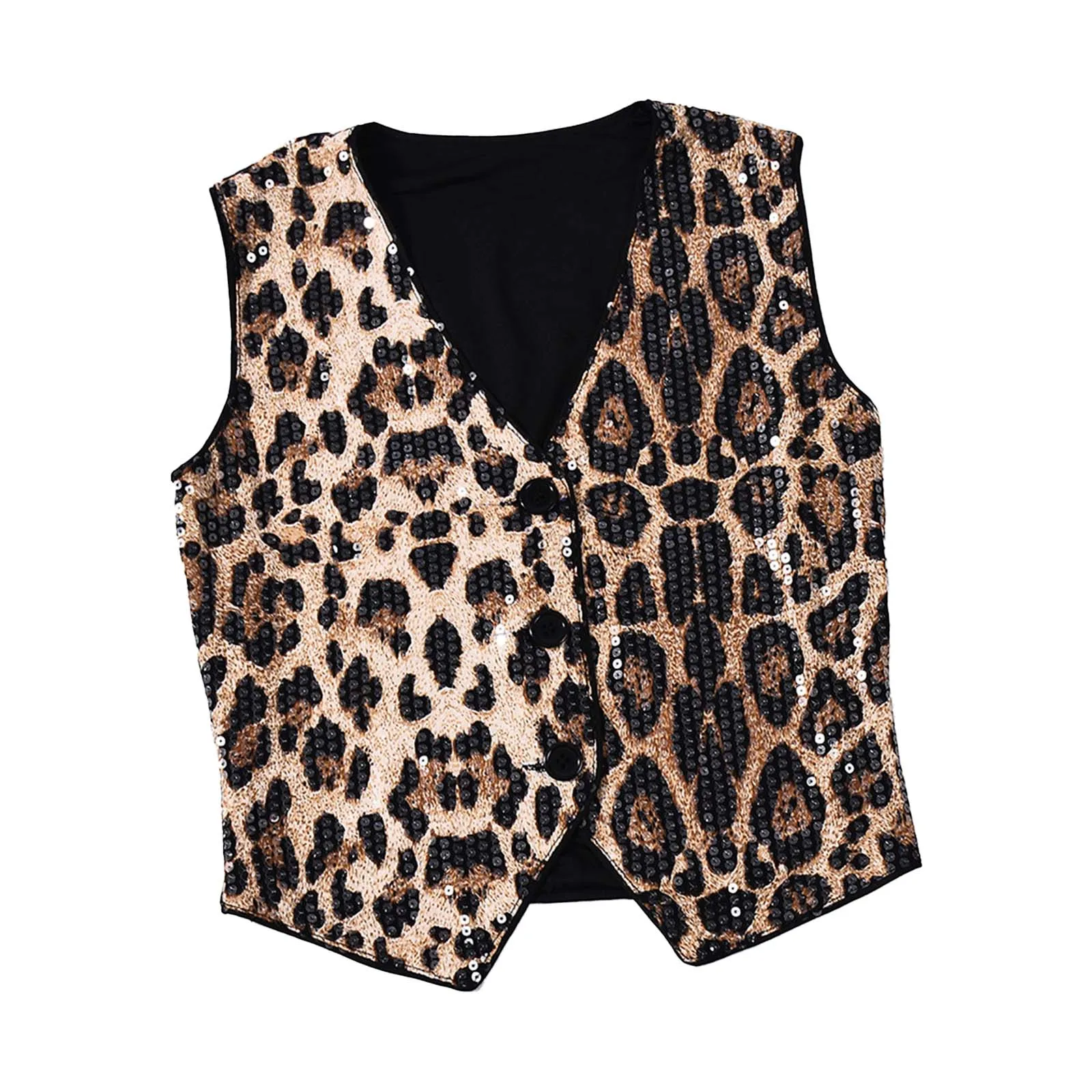 

Womens Wild Leopard Pattern Gilet Top Allover Shiny Sequin V Neck Slim Cropped Vest Tank Top for Going Out Club Raves Party