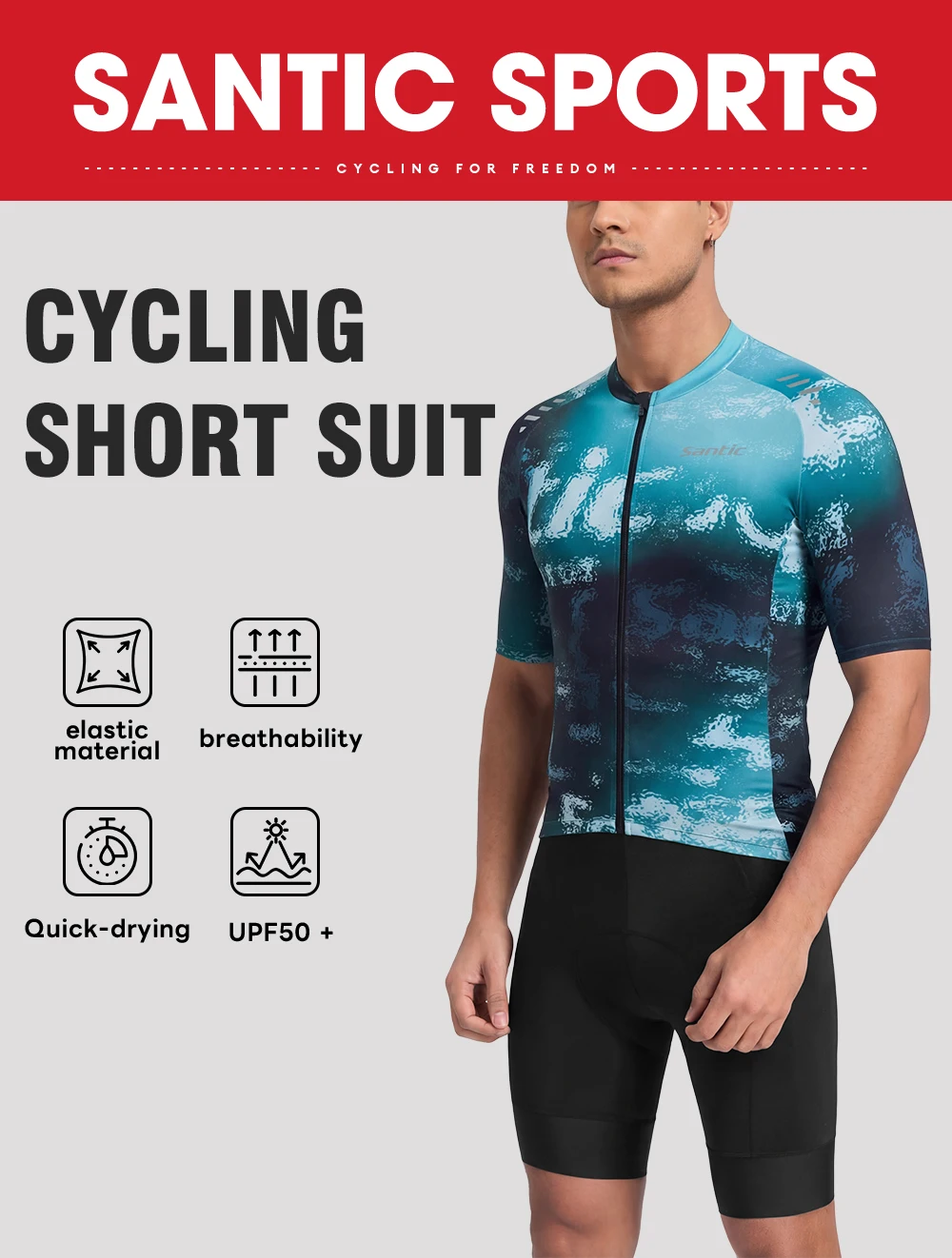 Santic Herren Sommer Kurzarm-Radtrikot mit Trägerhose Set Atmungsaktive Schnelltrocknende Rennrad-Fahrradbekleidung KM26CT105 – Detail 1