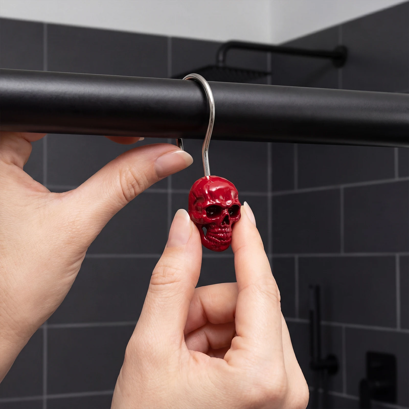 12Pcs Red Skull Shower Curtain Hooks, Gothic Bathroom Decor Accessories, Metal Curtain Rings for Bath, Kitchen & Home view 6