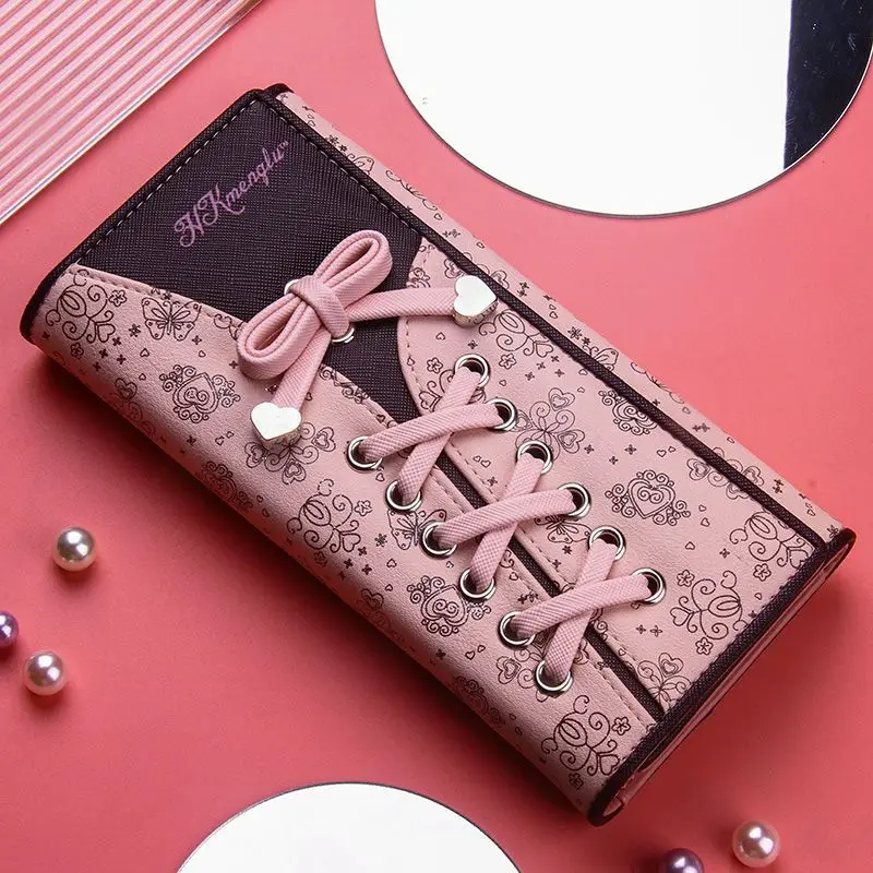 محفظة لوليتا اليابانية للسيدات كاجوال طويلة ذات سعة كبيرة بفيونكة ثلاثية الطي حقائب بطاقات حلوة لطيفة للفتيات