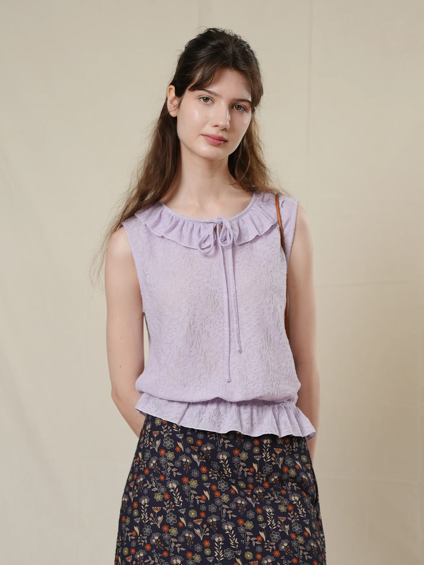 

Slimming Lace Sleeveless Shirt MarchNoon French Style Floral Trim Collar Thin Waist Cinched Belted Top Women's Summer Fashion