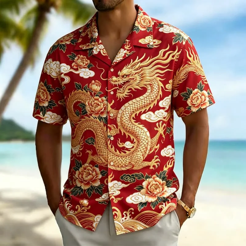 

Men's Oriental Auspicious Printed Hawaiian Shirt, for summer vacations, beach parties, daily outfits, and music festivals