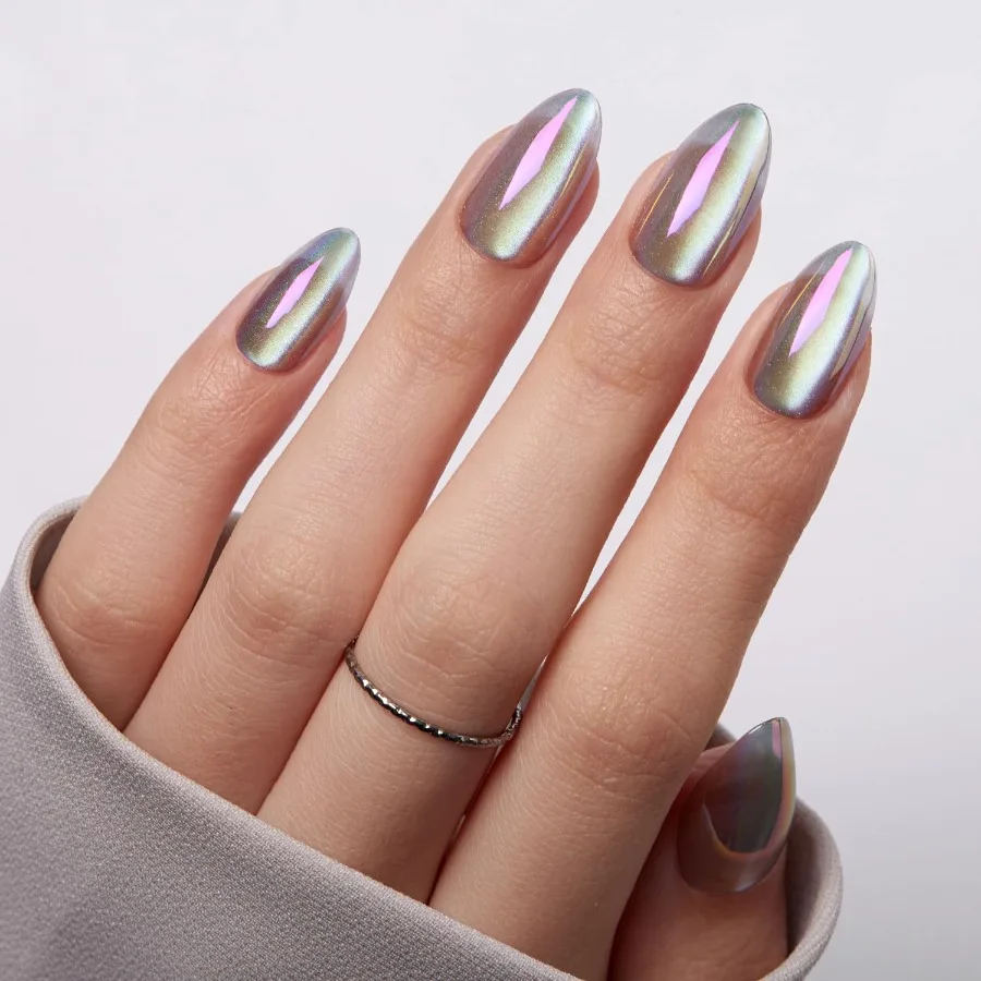 여성용 프레스온 네일, 숏 아몬드 오로라 효과 캣아이 네일 키트, 재사용 가능한 투명 소프트 젤 가짜 손톱 (접착제 및 큐티클 포함)