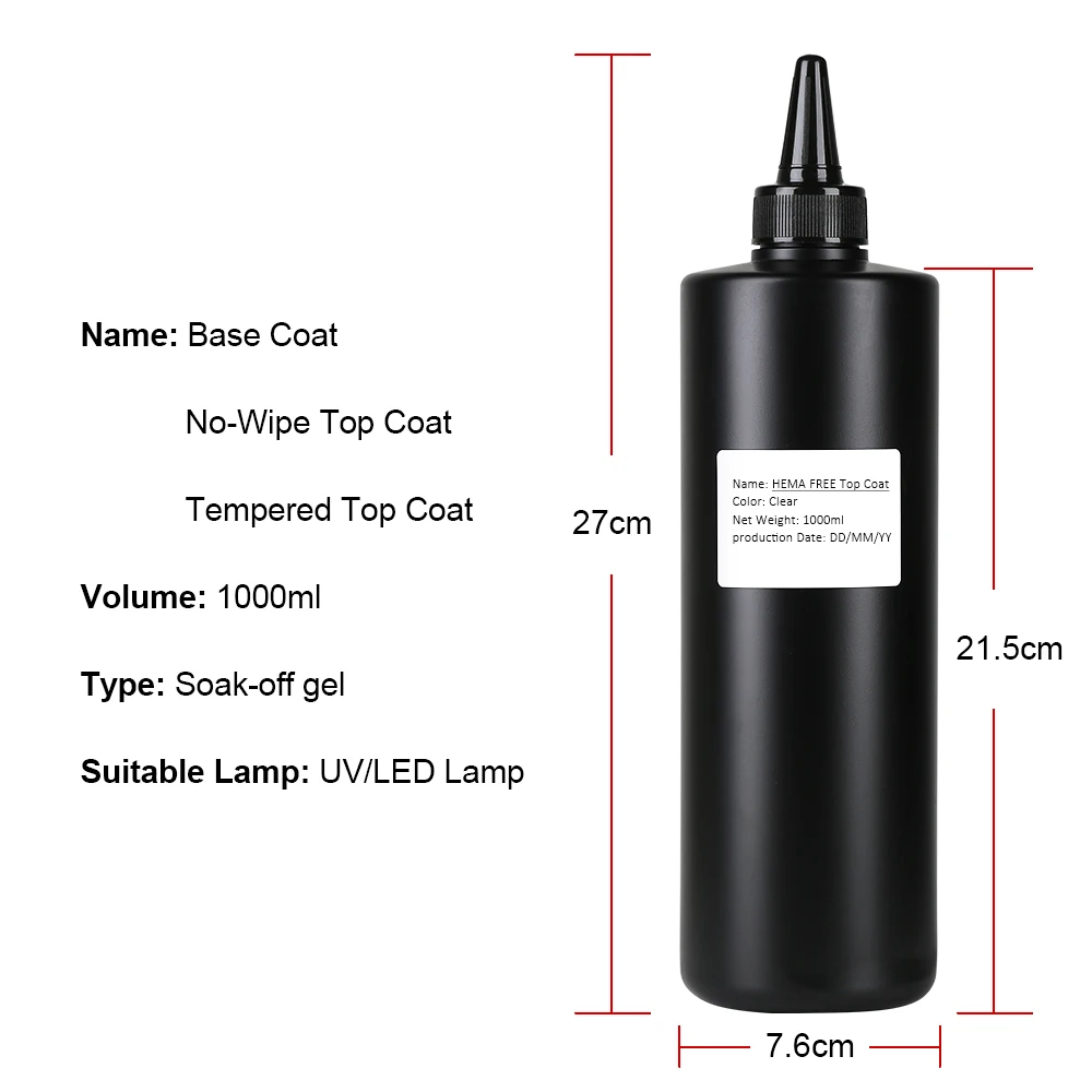 1kg Hema Free No Wipe Tempered Top Coat Base Coat Gel Nail Art Top Coat Varnish Soak Off UV Functional Gel Nail Base Coat 1000ml