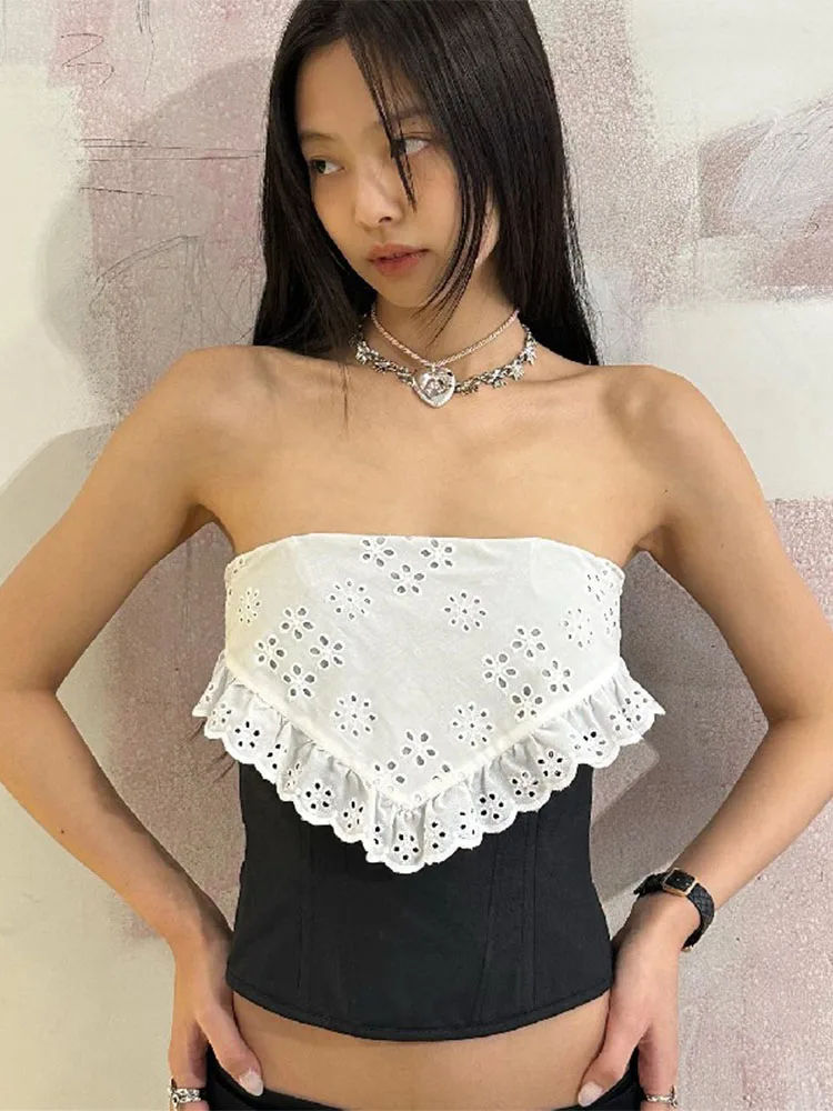 

TARUXY Splice Lace Crop Tops Women Bodycon Sexy Off the shoulders Sleeveless Tank Top Women's Club Slim Hollow Out Clothing 2023