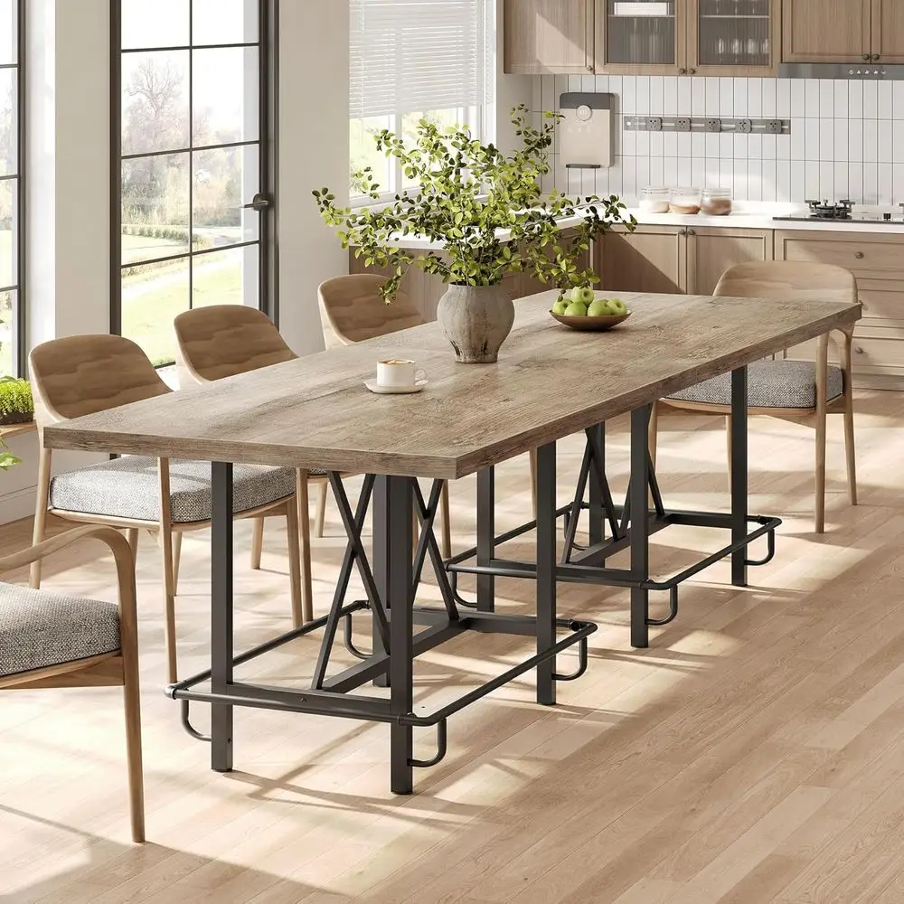 63 طاولة بار على الطراز الصناعي مع مسند قدم معدني، ارتفاع مضاد للمطبخ، بار منزلي وترفيه باللون الرمادي الريفي #2