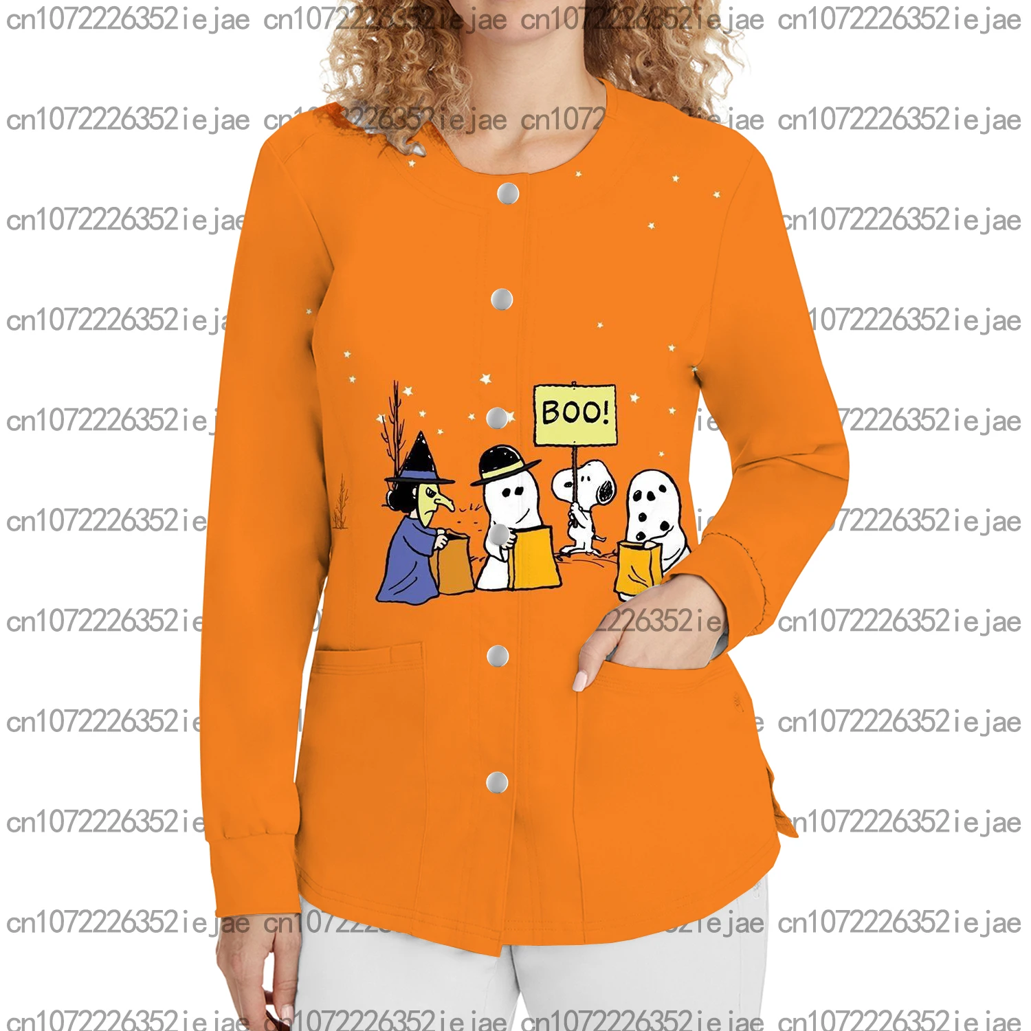 여성 캐주얼 간호복 싱글 브레스티드 프린트 가디건 만화 스누피 탑 라운드 넥 재킷 간호 작업복