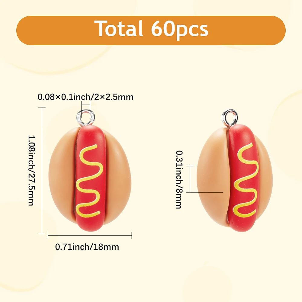 60Pcs Hot Dog Charm Fast Food Resin Charms Bulk Flat Back 3D Imitation Foods Hotdog Shaped Small Pendants with Silver Iron Loop
