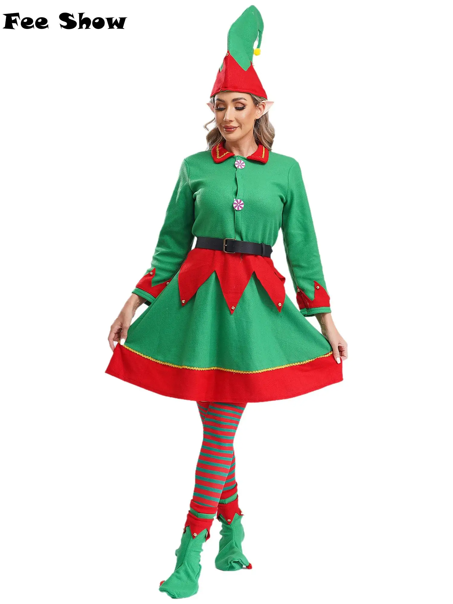 6Pcs Women Christmas Elf Costume Santa Helper Costume Set Velvet Dress with Hat Elf Ears Shoes Belt and Stockings Set Costume