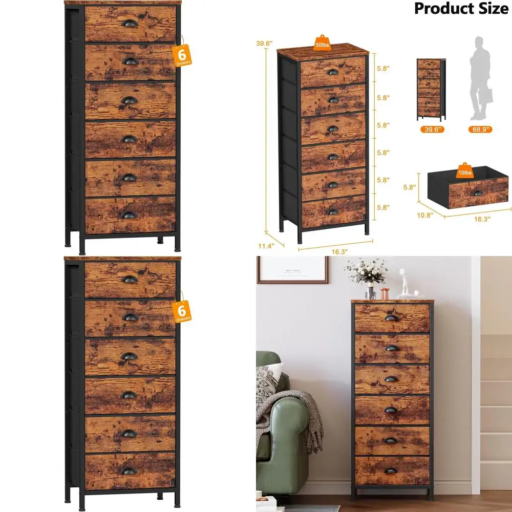 

6-Drawer Tall Dresser, Vertical End Table, Nightstand Set - Industrial Style Bedroom Furniture with Fabric Storage Drawers in Ru