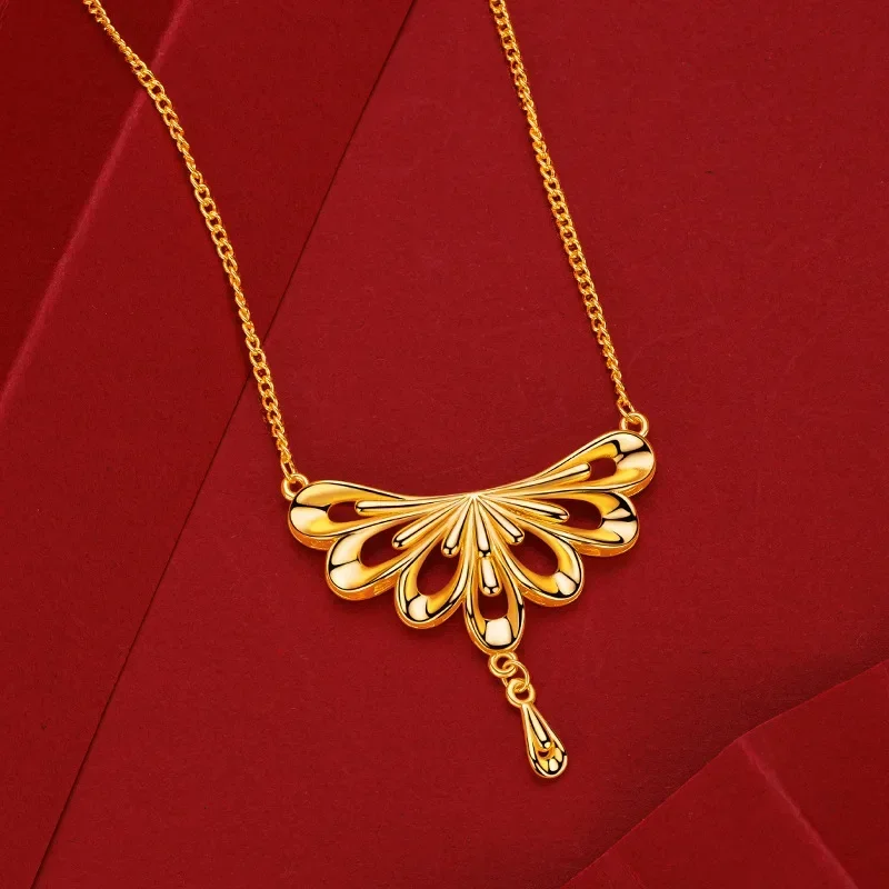 9999 Real Gold 24K Golden Wedding Peacock Phoenix Necklace New Chinese Premium Peacock Tail Water Drop Necklace