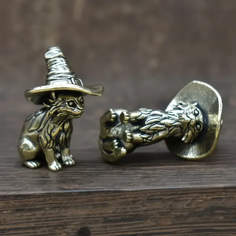 1 Stück Vintage Messing Hexenkatzenstatue, solide Miniatur-Katzenskulptur, dekorative Tierfigur, antikes Kupfer-Teehustier, Sammlerstück – Detail 4