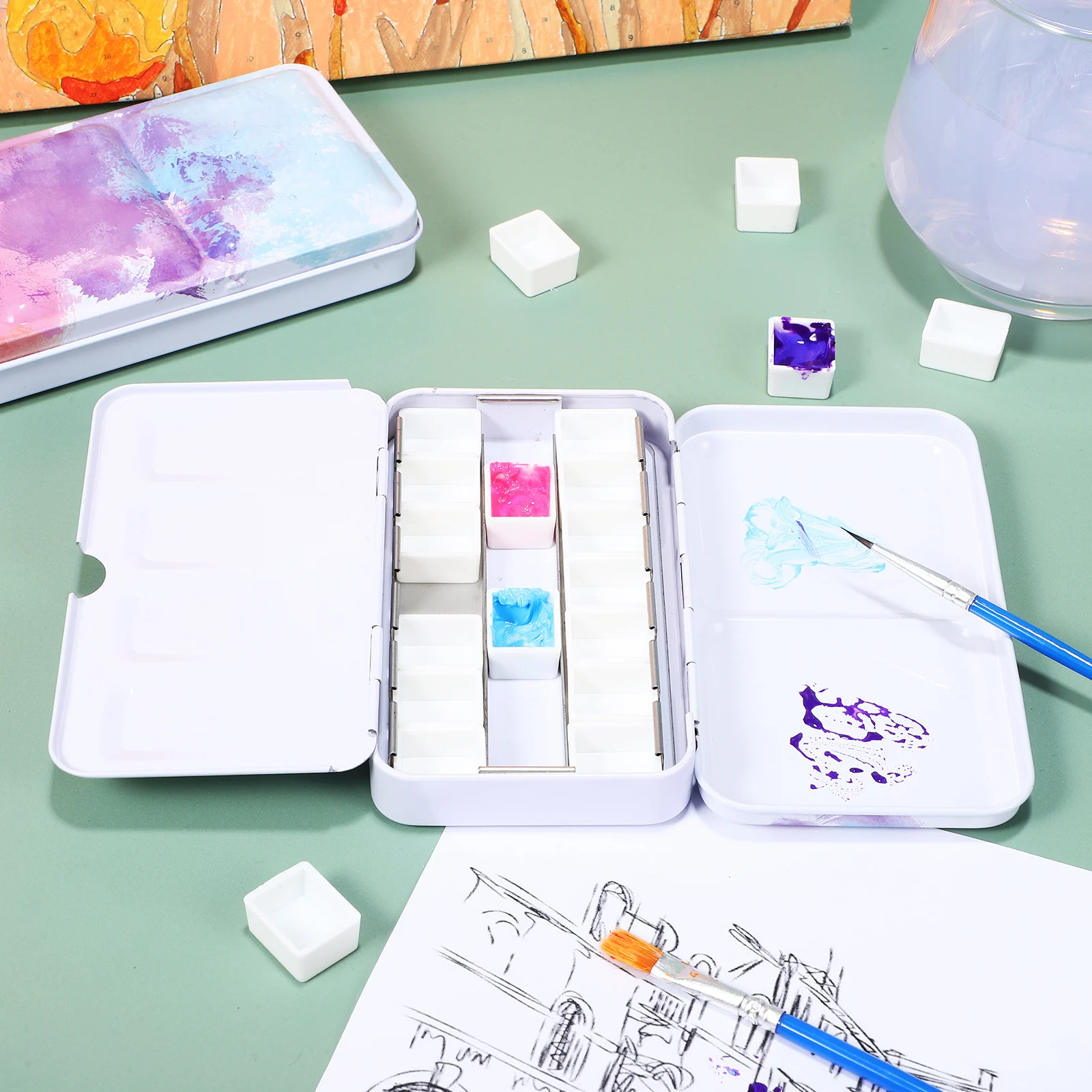 1 set 1 Set Watercolor Palette Portable Empty Paint Box Tin With Grids Mixing Space Sturdy Iron Travel Case For Pigments