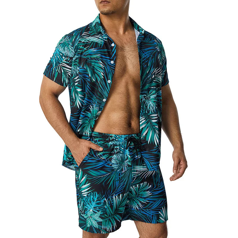 Conjunto casual de calções de praia masculino, moda estampa, camisa de lapela manga curta, ternos havaianos para férias de verão, S-5XL, 11 cores